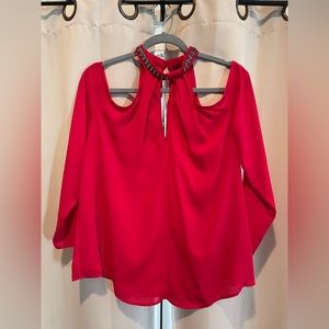 Beautiful Like New Red Cold Shoulder Decorative Collared Blouse! Size L